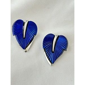 Vintage Silve Blue Enamel Clip On Leaf Earrings